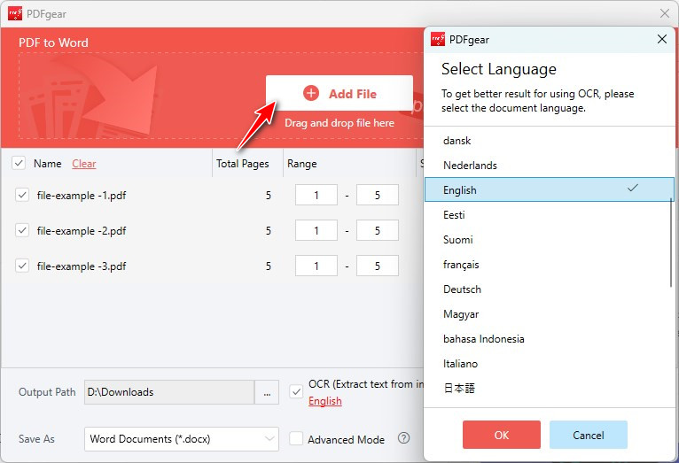 Add PDF Files to Convert to Word