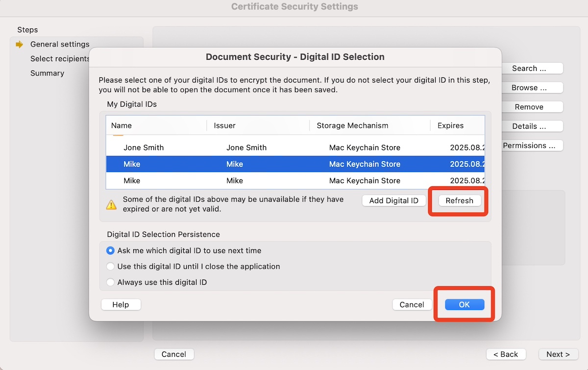 Certificate Security Settings