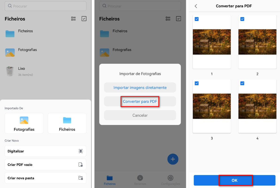 Combine imagens JPEG em um único PDF no celular
