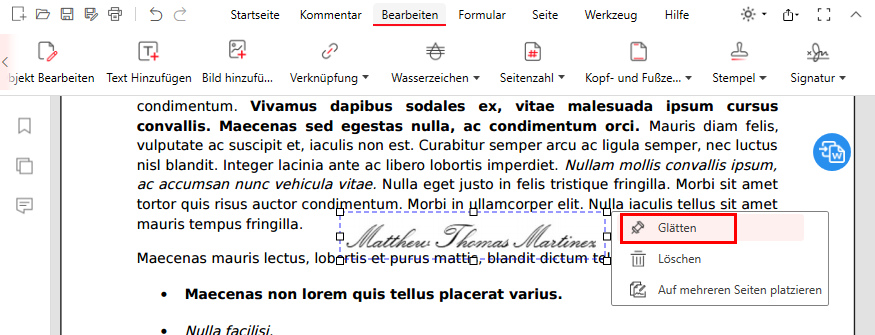 Signaturen in PDFgear platzieren und abflachen