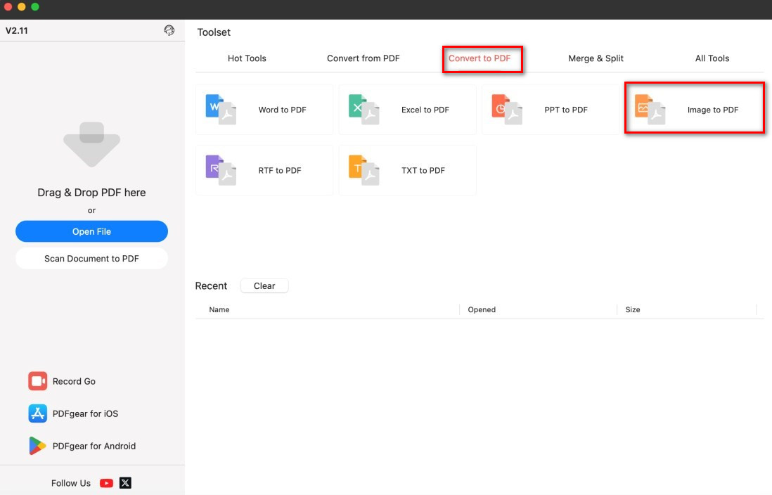 Open the Image to PDF Tool