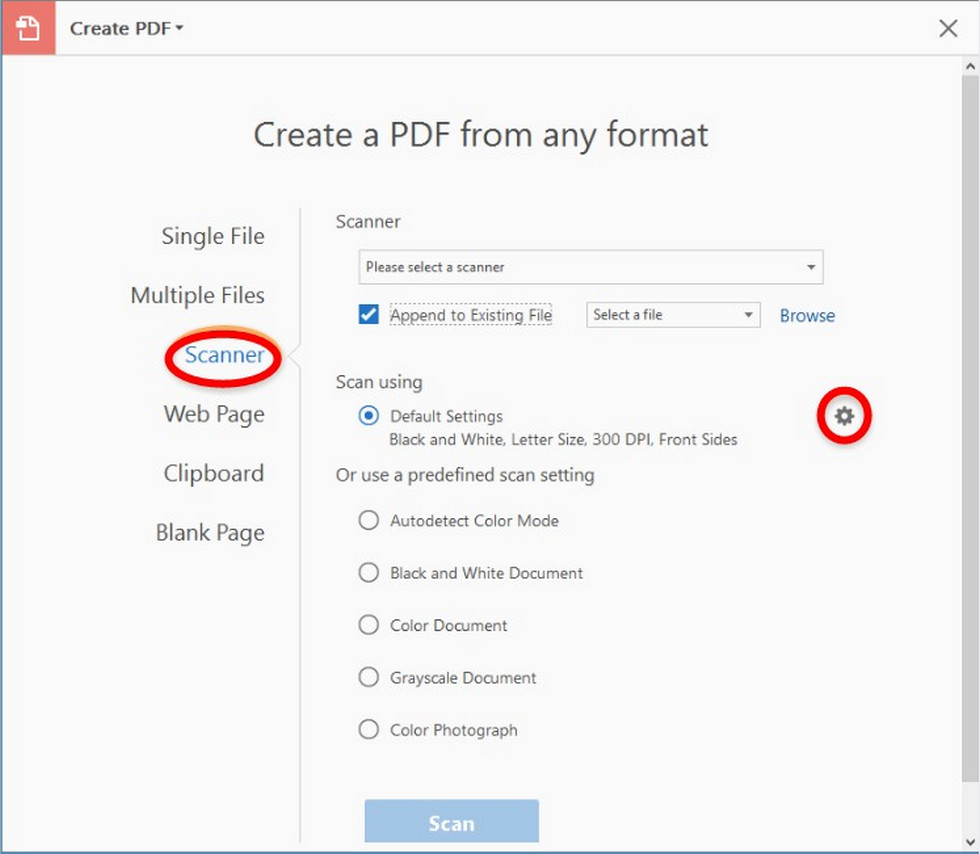 Select Get PDF from Scanner