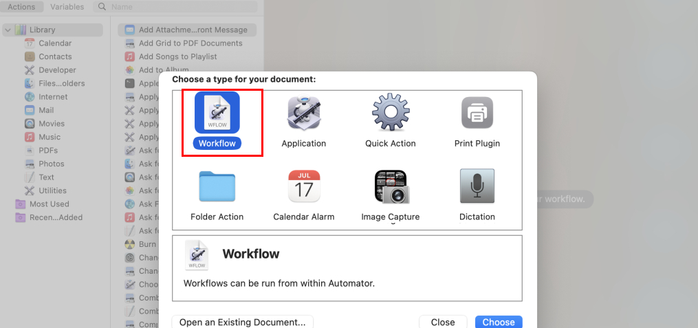 Choose Workflow in Automator