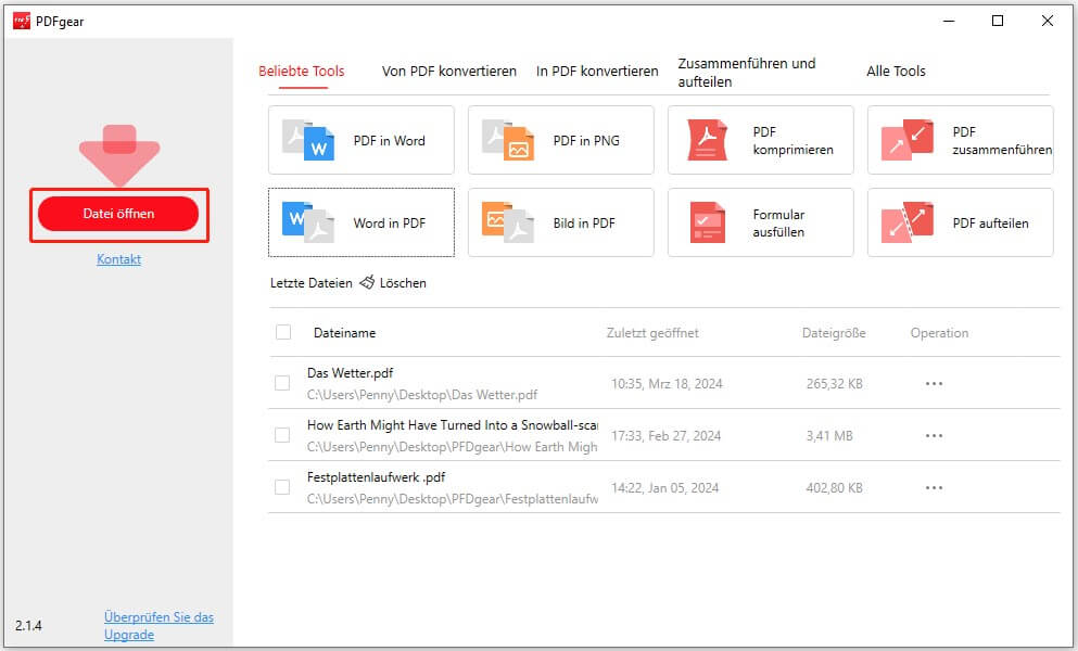 Zu extrahierende PDF-Datei mit PDFgear öffnen