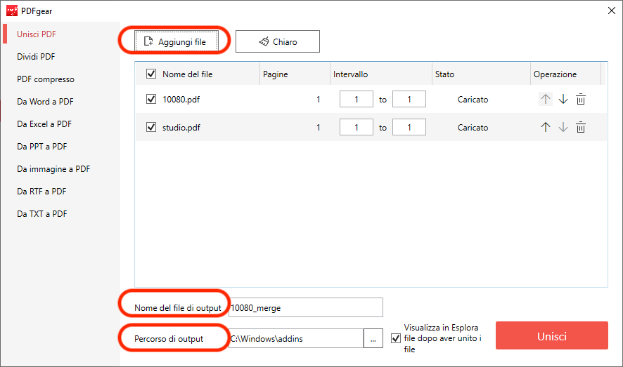 Carica file e personalizza le impostazioni di unione