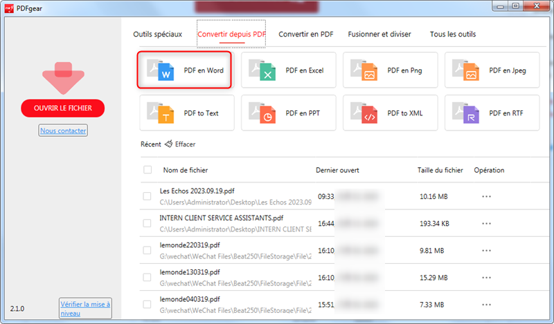 PDF en Word sur PDFgear Bureau